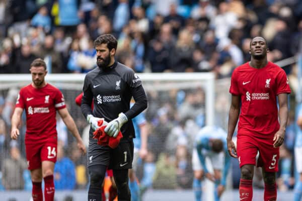 MANCHESTER, ENGLAND - Saturday, April 1, 2023: Liverpool's goalkeeper Alisson Becker (L) and Ibrahima Konaté look dejected after the FA Premier League match between Manchester City FC and Liverpool FC at the City of Manchester Stadium. Man City won 4-1. (Pic by David Rawcliffe/Propaganda)