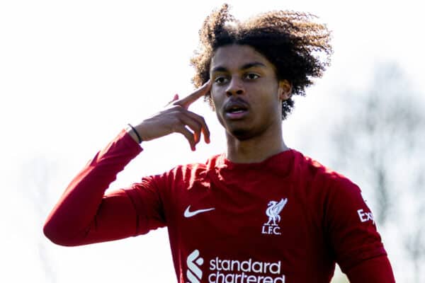 LIVERPOOL, ENGLAND - Monday, April 3, 2023: Liverpool's Harvey Blair celebrates after scoring the first equalising goal during the Premier League 2 Division 1 match between Liverpool FC Under-21's and Brighton & Hove Albion FC Under-21's at the Liverpool Academy. (Pic by David Rawcliffe/Propaganda)