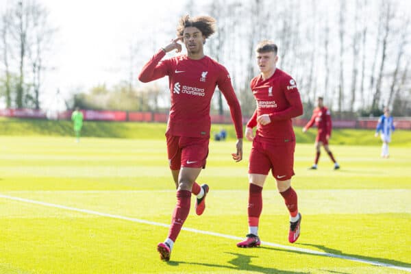 LIVERPOOL, ENGLAND - Monday, April 3, 2023: Liverpool's Harvey Blair celebrates after scoring the first equalising goal during the Premier League 2 Division 1 match between Liverpool FC Under-21's and Brighton & Hove Albion FC Under-21's at the Liverpool Academy. (Pic by David Rawcliffe/Propaganda)