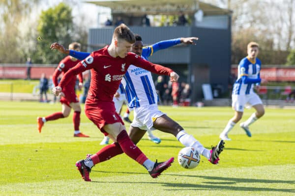 LIVERPOOL, ENGLAND - Monday, April 3, 2023: Liverpool's Ben Doak during the Premier League 2 Division 1 match between Liverpool FC Under-21's and Brighton & Hove Albion FC Under-21's at the Liverpool Academy. (Pic by David Rawcliffe/Propaganda)