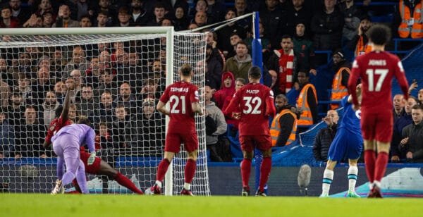 LONDON, ENGLAND - Tuesday, April 4, 2023: Liverpool's Ibrahima Konaté clears the ball off the line during the FA Premier League match between Chelsea FC and Liverpool FC at Stamford Bridge. (Pic by David Rawcliffe/Propaganda)