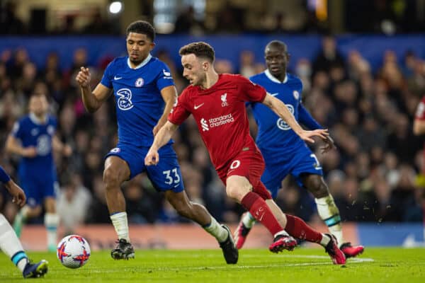 LONDON, ENGLAND - Tuesday, April 4, 2023: Liverpool's Diogo Jota (C) is challenged by Chelsea's Wesley Fofana during the FA Premier League match between Chelsea FC and Liverpool FC at Stamford Bridge. (Pic by David Rawcliffe/Propaganda)