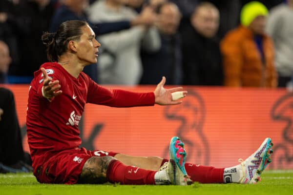 LONDON, ENGLAND - Tuesday, April 4, 2023: Liverpool's Darwin Núñez reacts during the FA Premier League match between Chelsea FC and Liverpool FC at Stamford Bridge. (Pic by David Rawcliffe/Propaganda)