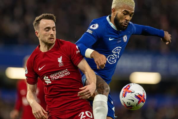 LONDON, ENGLAND - Tuesday, April 4, 2023: Liverpool's Diogo Jota (L) is challenged by Chelsea's Reece James during the FA Premier League match between Chelsea FC and Liverpool FC at Stamford Bridge. (Pic by David Rawcliffe/Propaganda)