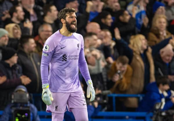 LONDON, ENGLAND - Tuesday, April 4, 2023: Liverpool's goalkeeper Alisson Becker during the FA Premier League match between Chelsea FC and Liverpool FC at Stamford Bridge. (Pic by David Rawcliffe/Propaganda)