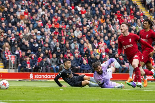 LIVERPOOL, ENGLAND - Sunday, April 9, 2023: Arsenal's Gabriel Martinelli scores the opening goal during the FA Premier League match between Liverpool FC and Arsenal FC at Anfield. (Pic by David Rawcliffe/Propaganda)