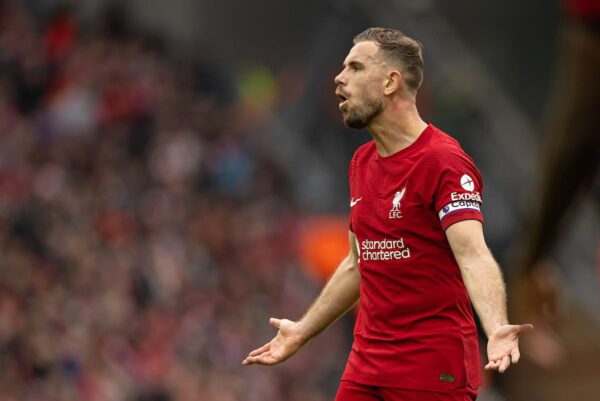 LIVERPOOL, ENGLAND - Sunday, April 9, 2023: Liverpool's captain Jordan Henderson looks dejected as Arsenal score a second goal during the FA Premier League match between Liverpool FC and Arsenal FC at Anfield. (Pic by David Rawcliffe/Propaganda)