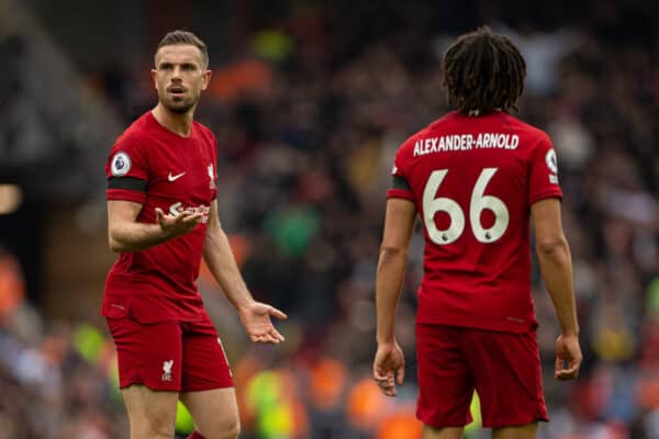LIVERPOOL, ENGLAND - Sunday, April 9, 2023: Liverpool's captain Jordan Henderson looks dejected as Arsenal score a second goal during the FA Premier League match between Liverpool FC and Arsenal FC at Anfield. (Pic by David Rawcliffe/Propaganda)