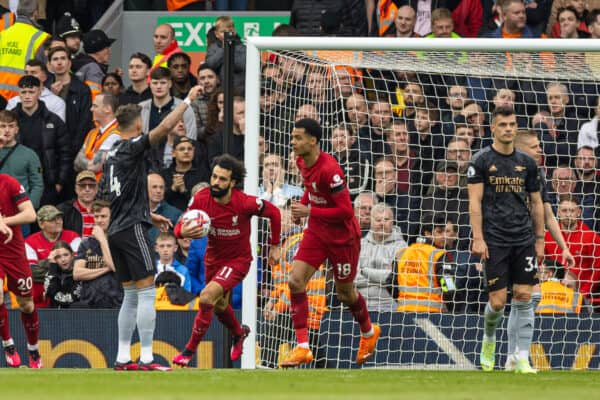 LIVERPOOL, ENGLAND - Sunday, April 9, 2023: Liverpool's Mohamed Salah celebrates after scoring his side's first goal during the FA Premier League match between Liverpool FC and Arsenal FC at Anfield. (Pic by David Rawcliffe/Propaganda)