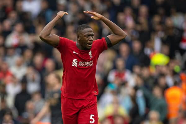 LIVERPOOL, ENGLAND - Sunday, April 9, 2023: Liverpool's Ibrahima Konaté celebrates his side's first goal during the FA Premier League match between Liverpool FC and Arsenal FC at Anfield. (Pic by David Rawcliffe/Propaganda)