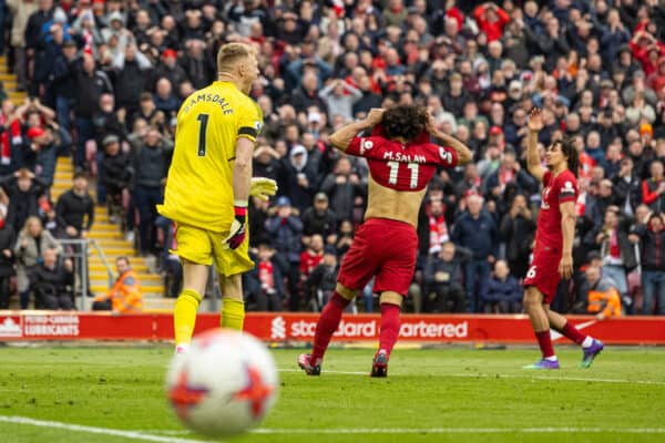 LIVERPOOL, ENGLAND - Sunday, April 9, 2023: Liverpool's Mohamed Salah reacts as he misses a penalty kick during the FA Premier League match between Liverpool FC and Arsenal FC at Anfield. (Pic by David Rawcliffe/Propaganda)