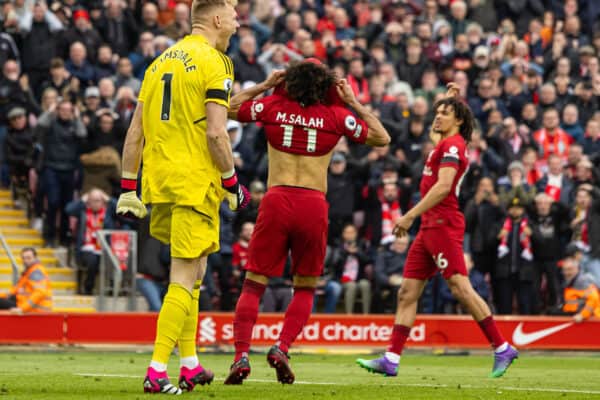 LIVERPOOL, ENGLAND - Sunday, April 9, 2023: Liverpool's Mohamed Salah reacts as he misses a penalty kick during the FA Premier League match between Liverpool FC and Arsenal FC at Anfield. (Pic by David Rawcliffe/Propaganda)