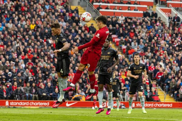 LIVERPOOL, ENGLAND - Sunday, April 9, 2023: Liverpool's Roberto Firmino scores the second goal during the FA Premier League match between Liverpool FC and Arsenal FC at Anfield. (Pic by David Rawcliffe/Propaganda)