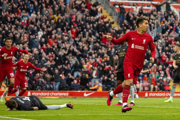 LIVERPOOL, ENGLAND - Sunday, April 9, 2023: Liverpool's Roberto Firmino celebrates after scoring the second goal during the FA Premier League match between Liverpool FC and Arsenal FC at Anfield. (Pic by David Rawcliffe/Propaganda)