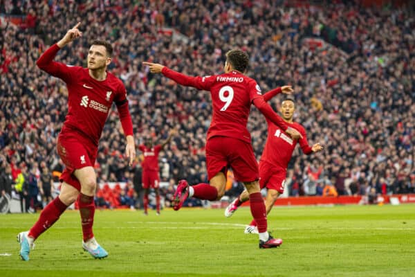 LIVERPOOL, ENGLAND - Sunday, April 9, 2023: Liverpool's Roberto Firmino celebrates after scoring the second goal during the FA Premier League match between Liverpool FC and Arsenal FC at Anfield. (Pic by David Rawcliffe/Propaganda)