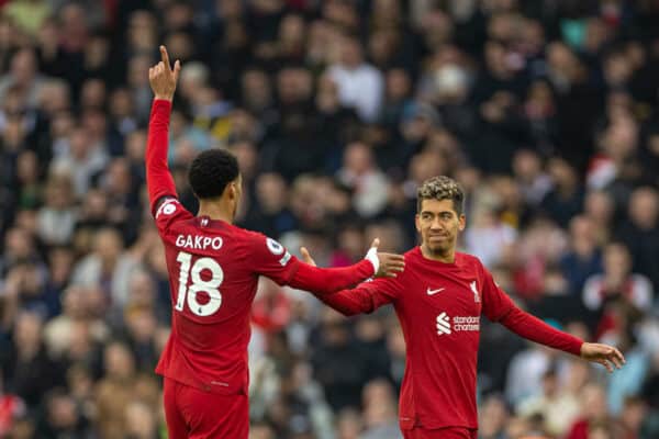 LIVERPOOL, ENGLAND - Sunday, April 9, 2023: Liverpool's Roberto Firmino (R) celebrates after scoring the second goal during the FA Premier League match between Liverpool FC and Arsenal FC at Anfield. (Pic by David Rawcliffe/Propaganda)