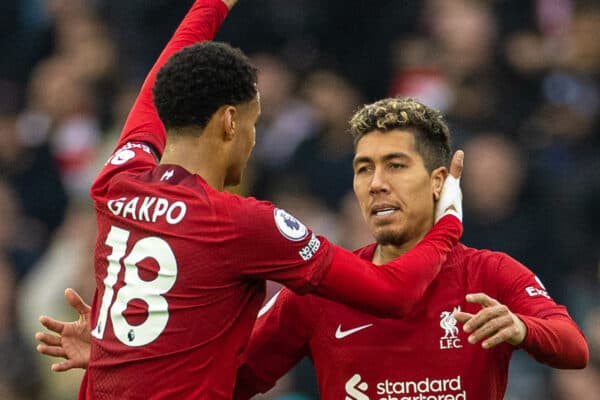 LIVERPOOL, ENGLAND - Sunday, April 9, 2023: Liverpool's Roberto Firmino (R) celebrates after scoring the second goal during the FA Premier League match between Liverpool FC and Arsenal FC at Anfield. (Pic by David Rawcliffe/Propaganda)