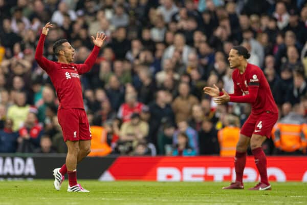 LIVERPOOL, ENGLAND - Sunday, April 9, 2023: Liverpool's Thiago Alcântara celebrates his side's equalising goal during the FA Premier League match between Liverpool FC and Arsenal FC at Anfield. (Pic by David Rawcliffe/Propaganda)