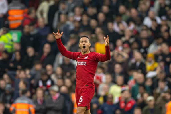 LIVERPOOL, ENGLAND - Sunday, April 9, 2023: Liverpool's Thiago Alcântara celebrates his side's equalising goal during the FA Premier League match between Liverpool FC and Arsenal FC at Anfield. (Pic by David Rawcliffe/Propaganda)