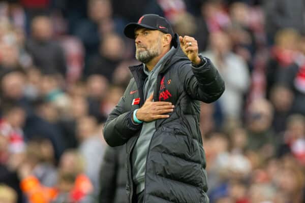 LIVERPOOL, ENGLAND - Sunday, April 9, 2023: Liverpool's manager Jürgen Klopp applauds the supporters after the FA Premier League match between Liverpool FC and Arsenal FC at Anfield. The game ended in a 2-2 draw. (Pic by David Rawcliffe/Propaganda)