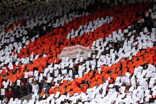 LIVERPOOL, ENGLAND - Sunday, April 9, 2023: Liverpool supporters' mosaic tribute to the 97 victims of the Hillsborough Stadium Disaster during the FA Premier League match between Liverpool FC and Arsenal FC at Anfield. (Pic by David Rawcliffe/Propaganda)