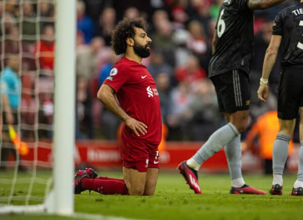 LIVERPOOL, ENGLAND - Sunday, April 9, 2023: Liverpool's Mohamed Salah looks dejected after missing a chance during the FA Premier League match between Liverpool FC and Arsenal FC at Anfield. (Pic by David Rawcliffe/Propaganda)