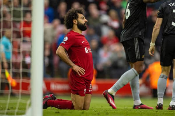 LIVERPOOL, ENGLAND - Sunday, April 9, 2023: Liverpool's Mohamed Salah looks dejected after missing a chance during the FA Premier League match between Liverpool FC and Arsenal FC at Anfield. (Pic by David Rawcliffe/Propaganda)