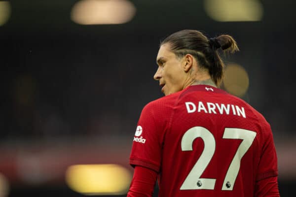 LIVERPOOL, ENGLAND - Sunday, April 9, 2023: Liverpool's Darwin Núñez during the FA Premier League match between Liverpool FC and Arsenal FC at Anfield. (Pic by David Rawcliffe/Propaganda)