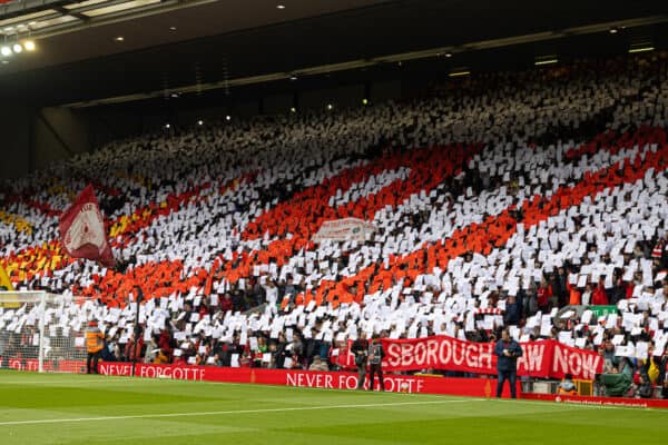 LIVERPOOL, ENGLAND - Sunday, April 9, 2023: Liverpool supporters' mosaic tribute to the 97 victims of the Hillsborough Stadium Disaster during the FA Premier League match between Liverpool FC and Arsenal FC at Anfield. (Pic by David Rawcliffe/Propaganda)