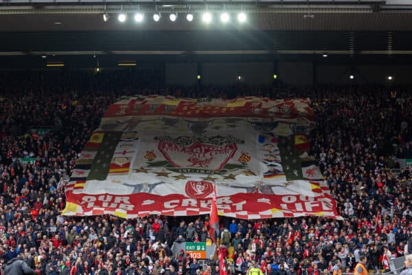 LIVERPOOL, ENGLAND - Sunday, April 9, 2023: A giant Liverpool supporters' banner on the Spion Kop seen before the FA Premier League match between Liverpool FC and Arsenal FC at Anfield. (Pic by David Rawcliffe/Propaganda)