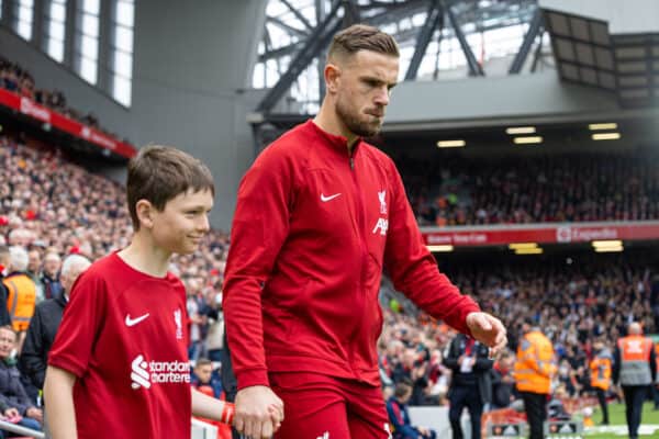 LIVERPOOL, ENGLAND - Sunday, April 9, 2023: Liverpool's captain Jordan Henderson leads his side out before the FA Premier League match between Liverpool FC and Arsenal FC at Anfield. (Pic by David Rawcliffe/Propaganda)