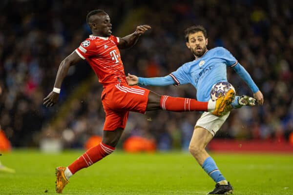 MANCHESTER, ENGLAND - Tuesday, April 11, 2023: Bayern Munich's Sadio Mané (L) is challenged by Manchester City's Bernardo Silva during the UEFA Champions League Quarter-Final 1st Leg match between Manchester City FC and FC Bayern Munich at the City of Manchester Stadium. (Pic by David Rawcliffe/Propaganda)