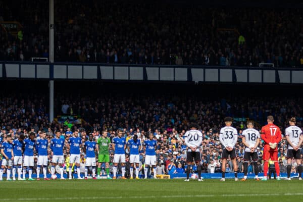 LIVERPOOL, ENGLAND - Saturday, April 15, 2023: Players and supporters stand for a moment's silence to remember the 97 victims of the Hillsborough Stadium Disaster on the 34th anniversary during the FA Premier League match between Everton FC and Fulham FC at Goodison Park. (Pic by Jessica Hornby/Propaganda)