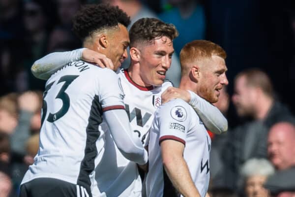 LIVERPOOL, ENGLAND - Saturday, April 15, 2023: Fulham's Harrison Reed (R) celebrates scoring the opening goal with team-mates Antonee Robinson (L) and Harry Wilson during the FA Premier League match between Everton FC and Fulham FC at Goodison Park. (Pic by Jessica Hornby/Propaganda)