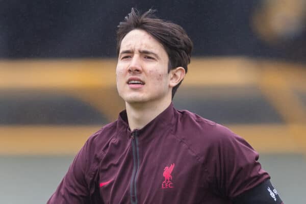 SOUTHPORT, ENGLAND - Sunday, April 16, 2023: Liverpool's goalkeeper Marcelo Pitaluga during the pre-match warm-up before the Premier League 2 Division 1 match between Liverpool FC Under-21's and Everton FC Under-21's, the Mini Merseyside Derby, at Haig Avenue. (Pic by Jessica Hornby/Propaganda)