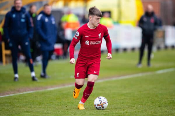 SOUTHPORT, ENGLAND - Sunday, April 16, 2023: Liverpool's Ben Doak drives forward with the ball during the Premier League 2 Division 1 match between Liverpool FC Under-21's and Everton FC Under-21's, the Mini Merseyside Derby, at Haig Avenue. (Pic by Jessica Hornby/Propaganda)