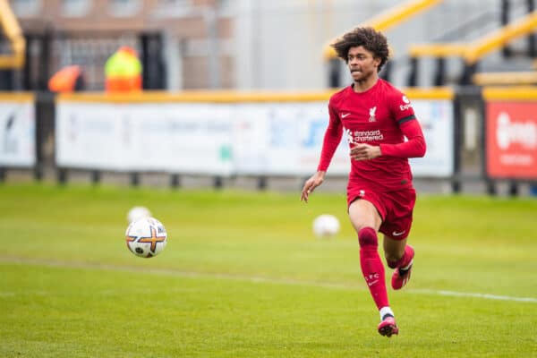 SOUTHPORT, ENGLAND - Sunday, April 16, 2023: Liverpool's Harvey Blair drives forward with the ball during the Premier League 2 Division 1 match between Liverpool FC Under-21's and Everton FC Under-21's, the Mini Merseyside Derby, at Haig Avenue. (Pic by Jessica Hornby/Propaganda)