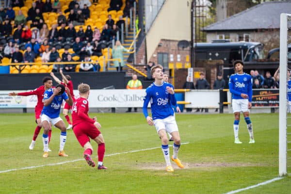 SOUTHPORT, ENGLAND - Sunday, April 16, 2023: Liverpool's Max Woltman (C) score his side's first goal to equalise late on during the Premier League 2 Division 1 match between Liverpool FC Under-21's and Everton FC Under-21's, the Mini Merseyside Derby, at Haig Avenue. (Pic by Jessica Hornby/Propaganda)