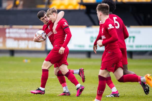 SOUTHPORT, ENGLAND - Sunday, April 16, 2023: Liverpool's Max Woltman (C) celebrates scoring his side's first goal to equalise late on with team-mate Layton Stewart during the Premier League 2 Division 1 match between Liverpool FC Under-21's and Everton FC Under-21's, the Mini Merseyside Derby, at Haig Avenue. (Pic by Jessica Hornby/Propaganda)