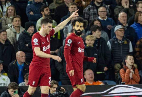 LEEDS, ENGLAND - Monday, April 17, 2023: Liverpool's Mohamed Salah (R) celebrates after scoring the second goal during the FA Premier League match between Leeds United FC and Liverpool FC at Elland Road. (Pic by David Rawcliffe/Propaganda)