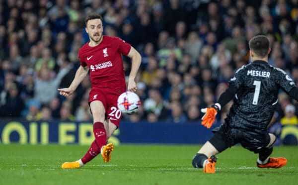 LEEDS, ENGLAND - Monday, April 17, 2023: Liverpool's Diogo Jota scores the third goal during the FA Premier League match between Leeds United FC and Liverpool FC at Elland Road. (Pic by David Rawcliffe/Propaganda)