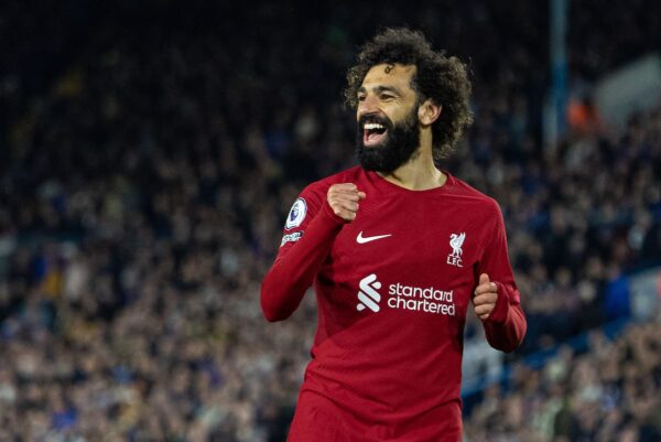 LEEDS, ENGLAND - Monday, April 17, 2023: Liverpool's Mohamed Salah celebrates after scoring the fourth goal during the FA Premier League match between Leeds United FC and Liverpool FC at Elland Road. (Pic by David Rawcliffe/Propaganda)