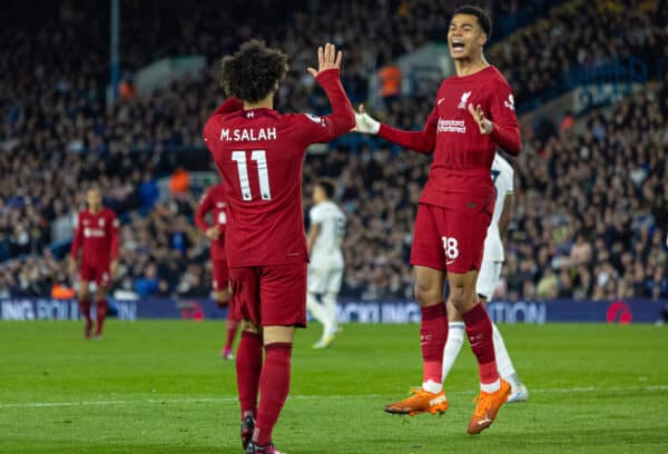 LEEDS, ENGLAND - Monday, April 17, 2023: Liverpool's Mohamed Salah (L) celebrates with team-mate Cody Gakpo (R) after scoring the fourth goal during the FA Premier League match between Leeds United FC and Liverpool FC at Elland Road. (Pic by David Rawcliffe/Propaganda)