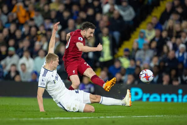 LEEDS, ENGLAND - Monday, April 17, 2023: Liverpool's Diogo Jota shoots during the FA Premier League match between Leeds United FC and Liverpool FC at Elland Road. (Pic by David Rawcliffe/Propaganda)