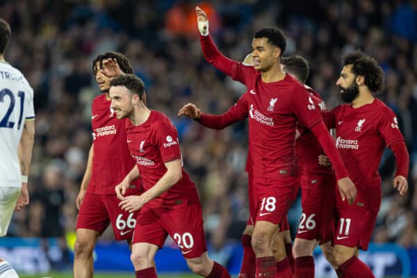 LEEDS, ENGLAND - Monday, April 17, 2023: Liverpool's Diogo Jota (L) celebrates with team-mates after scoring the fifth goal during the FA Premier League match between Leeds United FC and Liverpool FC at Elland Road. (Pic by David Rawcliffe/Propaganda)