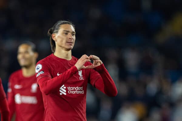 LEEDS, ENGLAND - Monday, April 17, 2023: Liverpool's Darwin Núñez celebrates after scoring the sixth goal during the FA Premier League match between Leeds United FC and Liverpool FC at Elland Road. (Pic by David Rawcliffe/Propaganda)