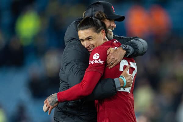 LEEDS, ENGLAND - Monday, April 17, 2023: Liverpool's manager Jürgen Klopp (L) celebrates with Darwin Núñez after the FA Premier League match between Leeds United FC and Liverpool FC at Elland Road. Liverpool won 6-1. (Pic by David Rawcliffe/Propaganda)