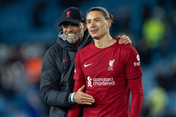 LEEDS, ENGLAND - Monday, April 17, 2023: Liverpool's manager Jürgen Klopp (L) celebrates with Darwin Núñez after the FA Premier League match between Leeds United FC and Liverpool FC at Elland Road. Liverpool won 6-1. (Pic by David Rawcliffe/Propaganda)