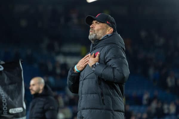 LEEDS, ENGLAND - Monday, April 17, 2023: Liverpool's manager Jürgen Klopp celebrates after the FA Premier League match between Leeds United FC and Liverpool FC at Elland Road. Liverpool won 6-1. (Pic by David Rawcliffe/Propaganda)