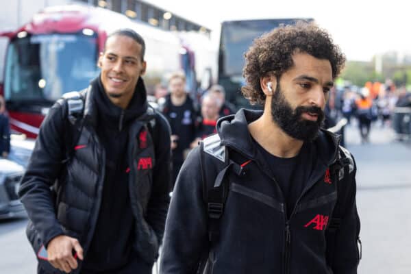 LEEDS, ENGLAND - Monday, April 17, 2023: Liverpool's Mohamed Salah (R) and Virgil van Dijk (L) arrive before the FA Premier League match between Leeds United FC and Liverpool FC at Elland Road. (Pic by David Rawcliffe/Propaganda)